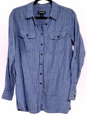 COMFY LINEN STRIPED WOMEN'S BUTTON-DOWN SHIRT EUC M/T M